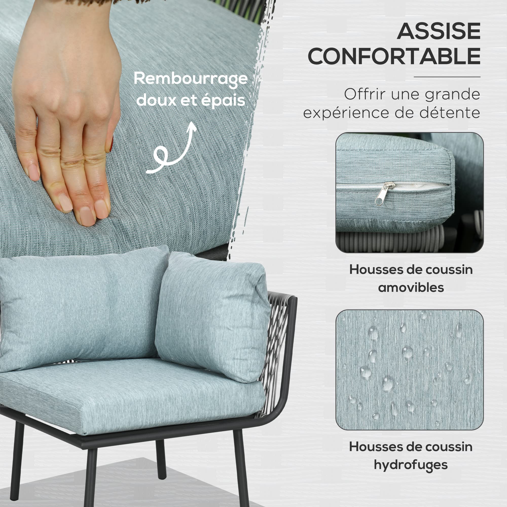 Outsunny Salon de Jardin d'angle en résine tressée 4 pièces avec 2 canapé d'angle 2 Places + 1 canapé d'angle 1 Place + Table Basse Coussins Inclus Cadre en Aluminium Gris