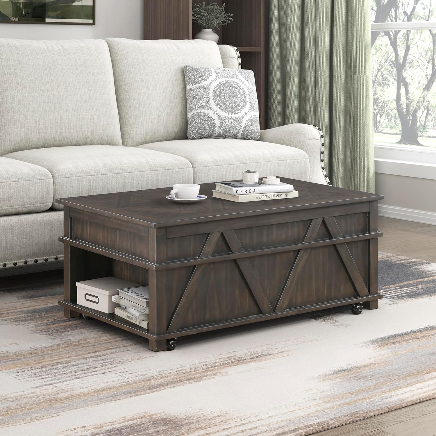 Lexicon Rectangle Wood Lift Top Coffee Table with Hidden Storage, Caster Wheels for Easy Movement, Pine Wood Veneer Accent Table for Contemporary Living Room, Fully Assembled, Brown