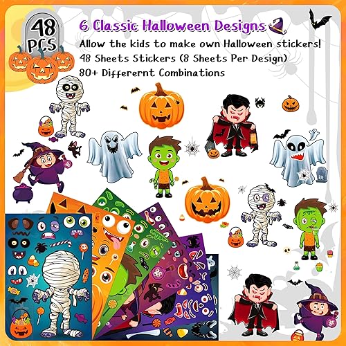 Miniatura 2 de LINAYE 48 hojas de calcomanías de Halloween para niños pequeños, haz tus propias calcomanías de Halloween, rellenos de bolsas de golosinas de