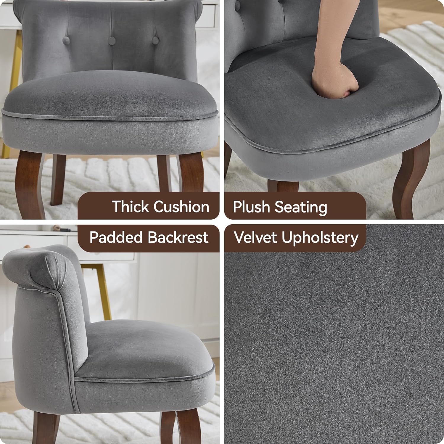 WUTUTUEE Velvet Vanity Chair with Back, Tufted Upholstered Vanity Stool with Solid Wood Legs, Mid Century Small Makeup Chair for Vanity, Accent Chair for Bedroom, Living Room, Grey