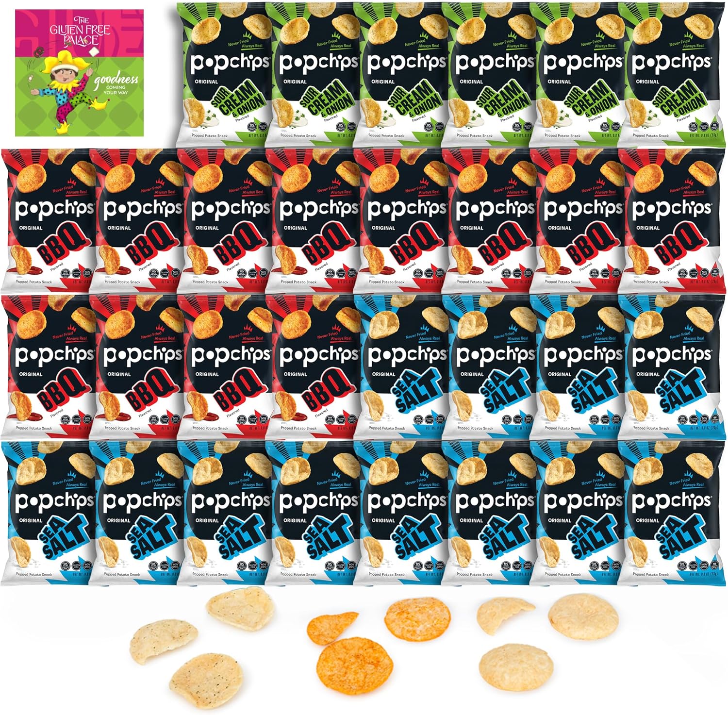 Pop Chips Variety Pack 30 Snack Packs 12 BBQ, 12 Sea Salt, and 6