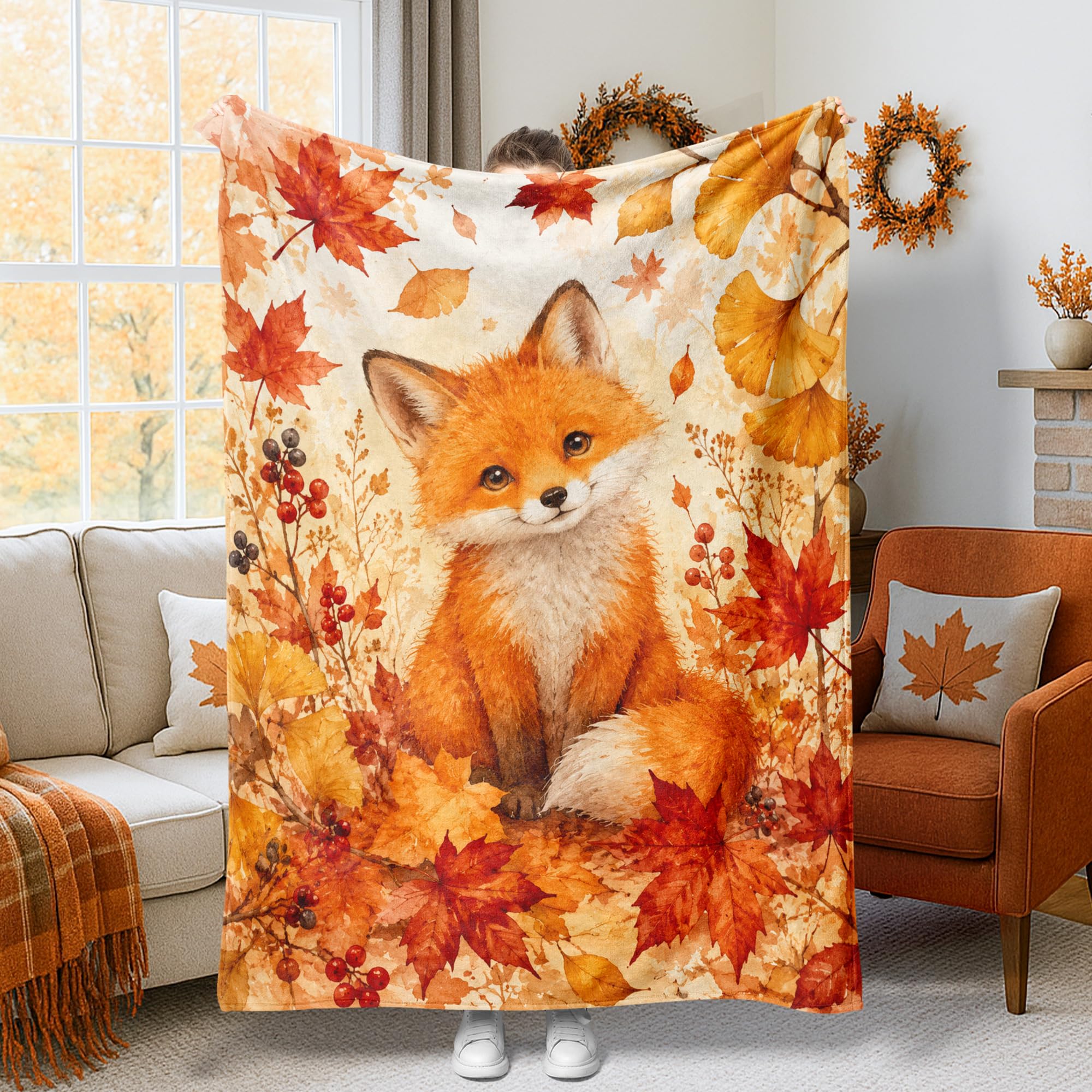 Couverture en peluche renards orange 152x203 cm pour lit et canapé