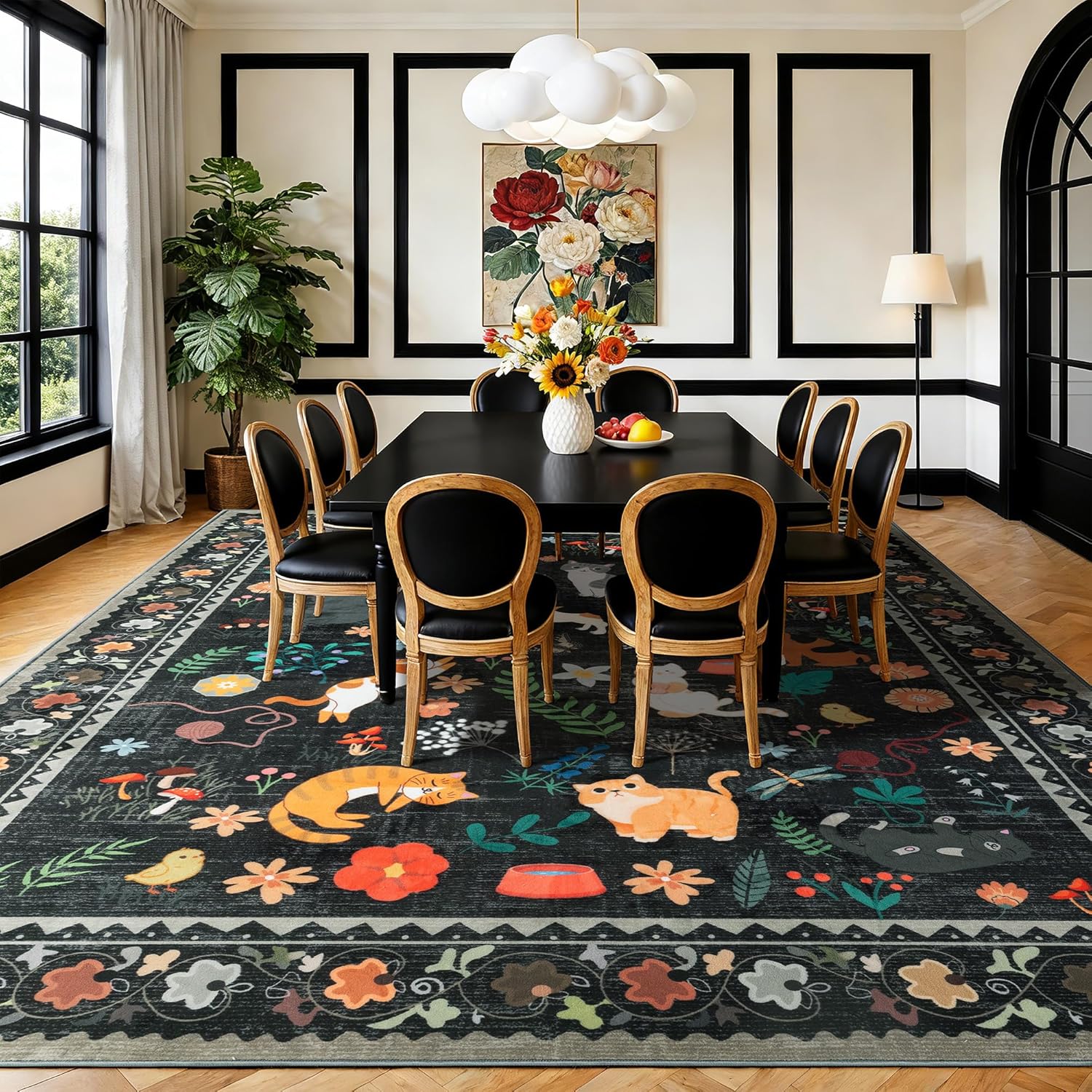 LIANLAM 8x10 Cat Lover's Area Rug, Washable Large Rug with Artistic Feline Design for Living Room & Bedroom, Pet Friendly Non-Slip Soft Carpet, Stain Resistant & Easy Clean(8x10,Black)