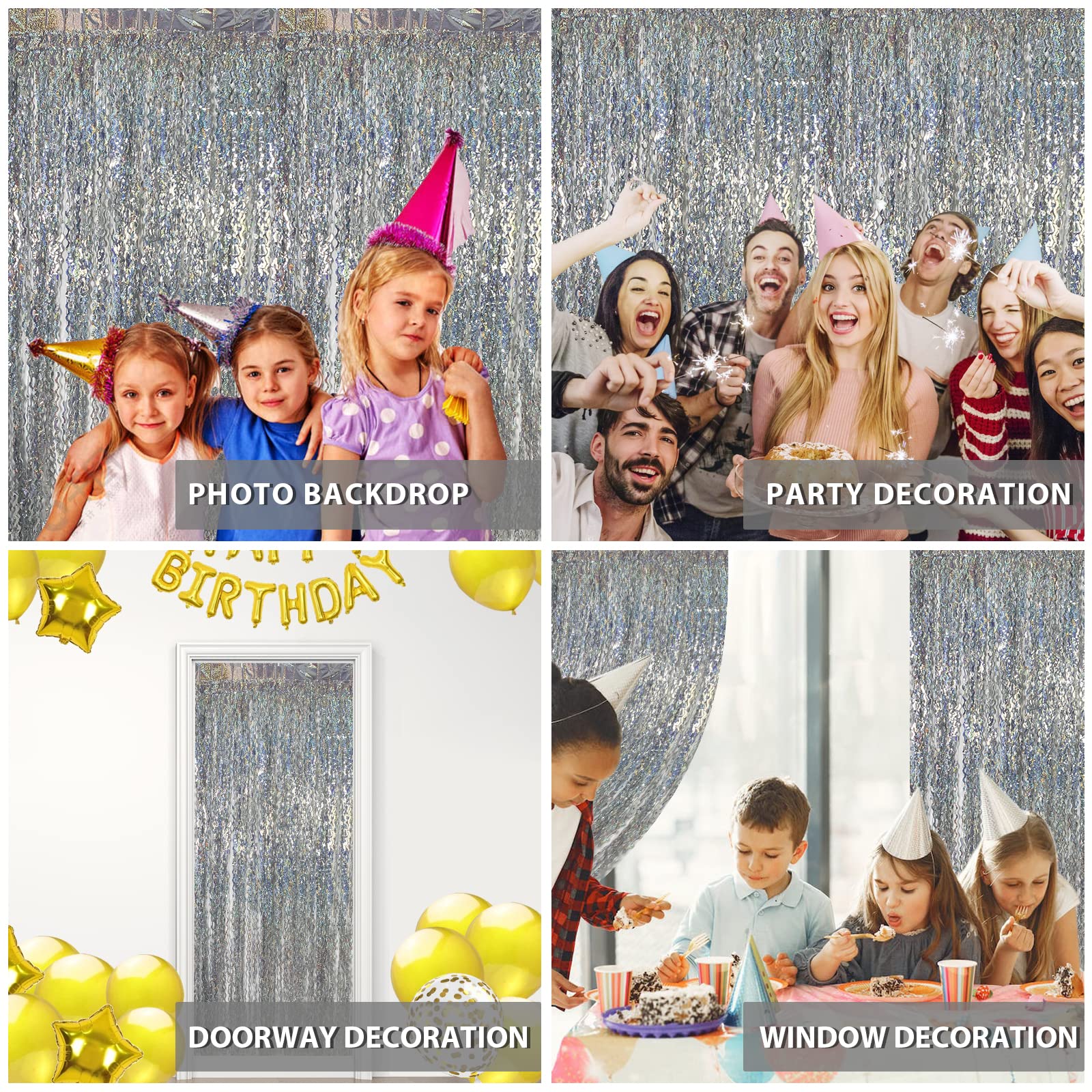 WedDecor Lametta-Fransenvorhang – 1x2 M, Silber-glitzernd, Selbstklebend, Für Partys, Hochzeiten & Fotohintergrund