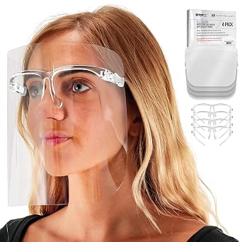 TCP Global Salon World Safety Face Shields مع جميع إطارات النظارات الواضحة عبوة 4 - دروع واقية للوجه الكامل للحماية من العيون والأنف والفم - بلاستيك مضاد للضباب ، نظارات واقية