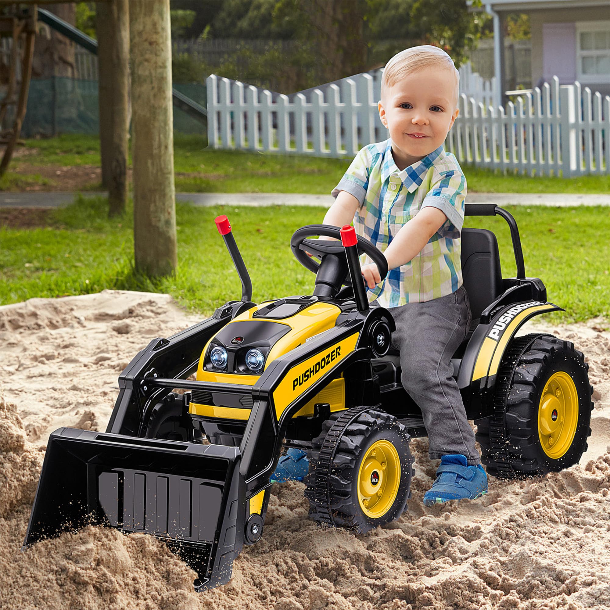 HOMCOM Escavatore Cavalcabile per Bambini 6V 3-5 Anni 132x62x65 cm Giallo | Doppio Motore, Velocità 1.5-2.5 km/h, Ruspa Giocattolo per Bambini, Suoni e Luci