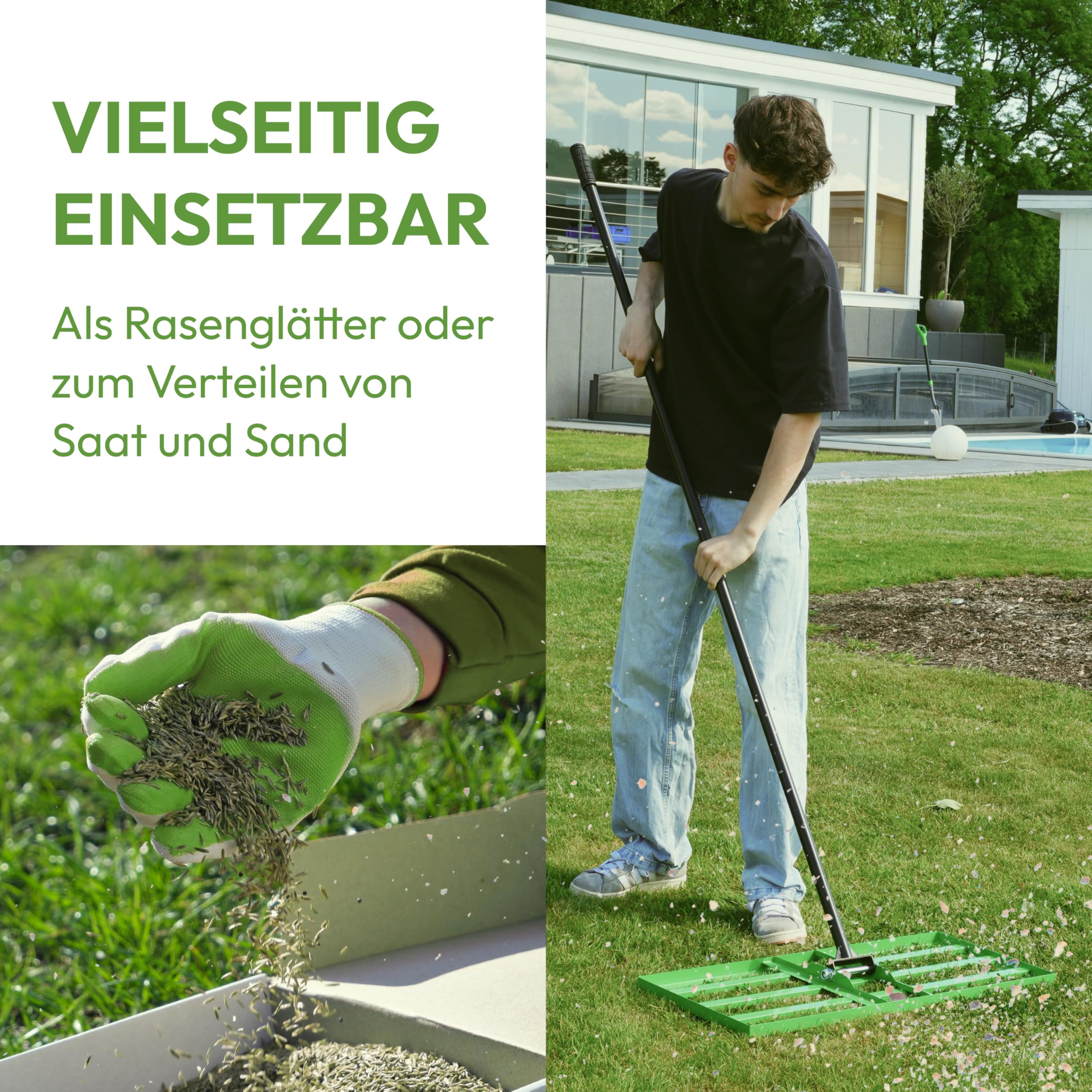 NovaTerra Rasenrakel 75x35 cm mit 2 Meter Stiel [für den perfekten Rasen] I Ideal zur Rasenpflege, Sandverteilung und Rasennivellierung I Leicht und handlich anwendbar Rasen rakeln