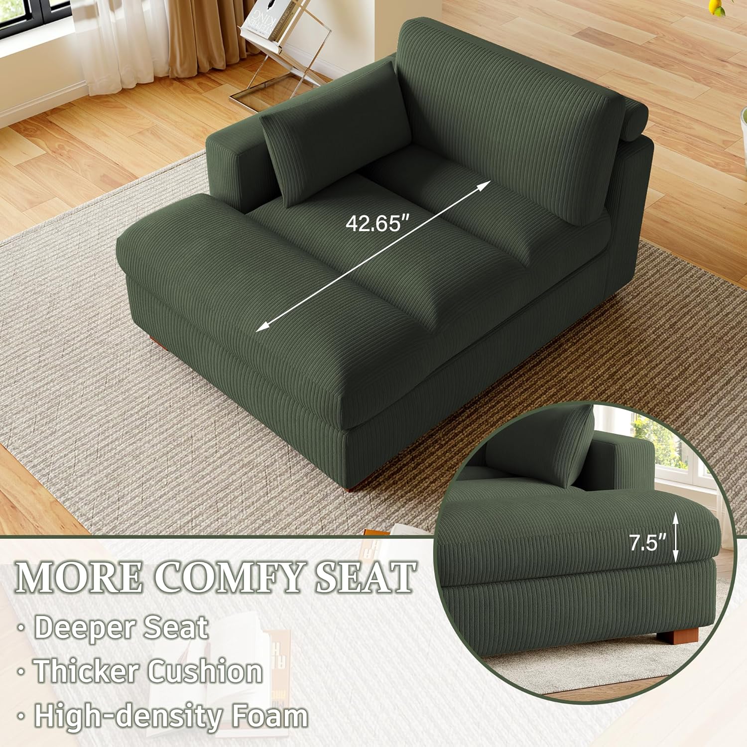 Chaise Lounge Indoor, Oversized Corduroy Sofa Chair with Right Armrest and Throw Pillows for Bedroom, Living Room - Green