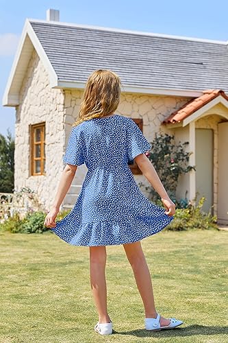 Miniatura 6 de UMEKO Vestido midi con estampado de lunares para niñas, con botones, cuello en V, manga corta, con volantes, vestidos casuales