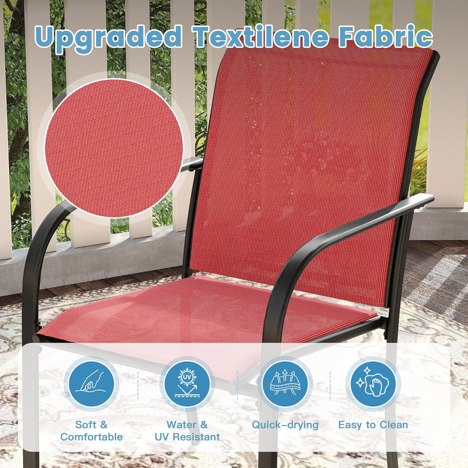 DIFY 2 PCS Patio Dining Chairs, Stackable Outdoor Chairs with Metal Frame for Lawn Garden Backyard, Red