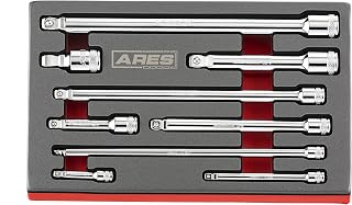 ARES 70330-9-Piece Wobble Extension Set - Premium Chrome Vanadium Steel Construction - 1/4-inch, 3/8-inch and 1/2-inch Drive Sizes Included - Storage Tray Included