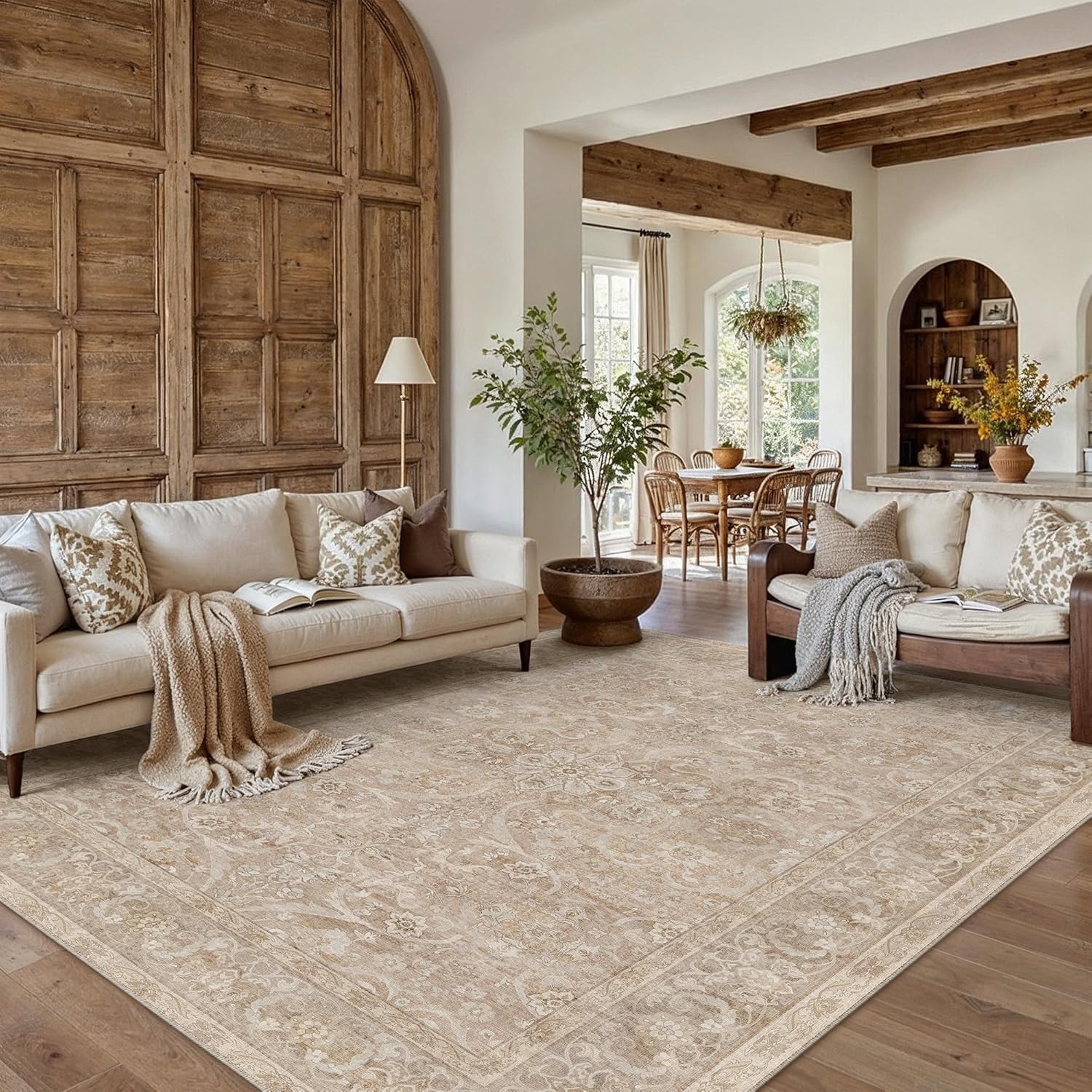 Brown 8x10 Area Rug Washable Living Room Vintage Carpet Bedroom Large Indoor Non Slip Soft Low Pile Thin Stain Resistant Distressed Accent Throw Rug for Dining Office Nursery - Image 4