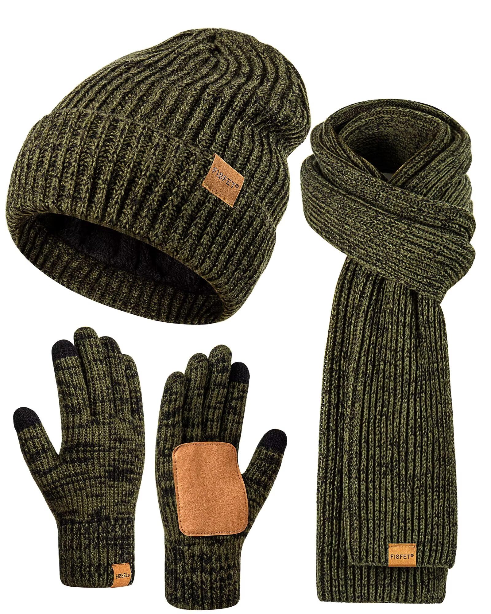 Winter Hat Gloves Scarf Set for Men Women, Mens Beanie Long Scarf Touchscreen Gloves for Cold Weather, 3 in 1 Warm Gift Set