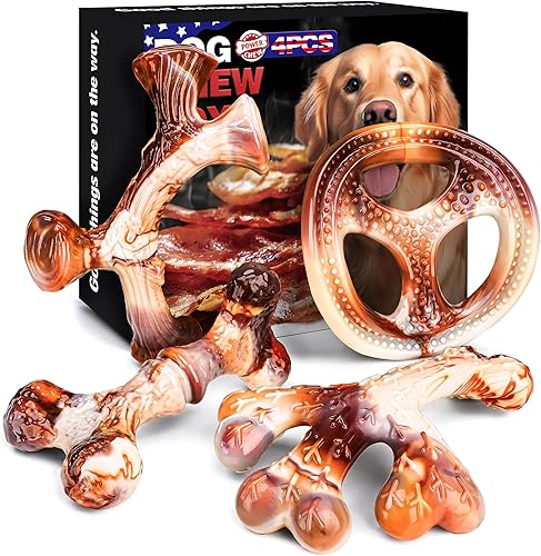 Paquete de 4 juguetes masticables para perros para masticadores agresivos, huesos de nailon indestructibles con sabor a tocino, juguete masticable