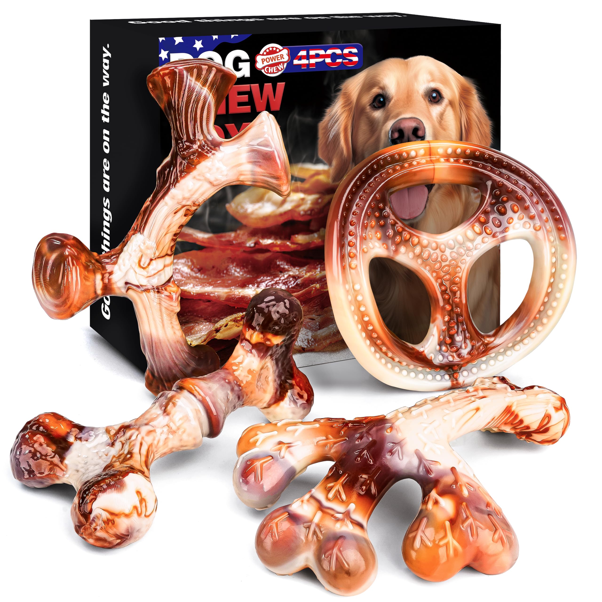 Paquete de 4 juguetes masticables para perros para masticadores agresivos, juguetes indestructibles para razas grandes, medianas y pequeñas, masticables duraderos con sabor a tocino, huesos de