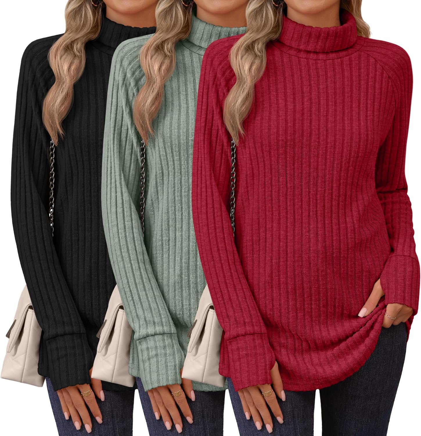 Ficerd 3 Pack Women's Turtleneck Long Sleeve Tunic Sweater Thumbhole, Ribbed Raglan Curved Hem Knit Shirts Loose Fall Winter