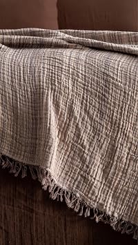 Boho Çizgili Yatak Örtüsü 4 Katlı Müslin%100 Pamuk Yumuşak Lüks Yazlık Pike Çift Kişilik Battal Boy 240x260 cm (Bej)