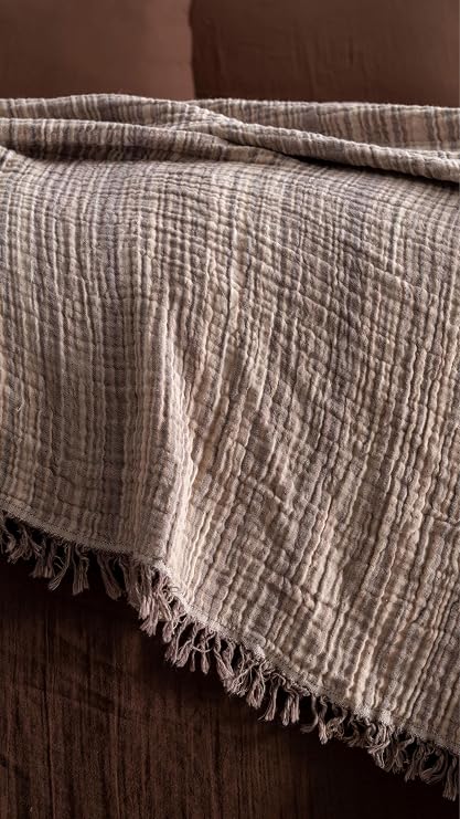 Boho Çizgili Yatak Örtüsü 4 Katlı Müslin%100 Pamuk Yumuşak Lüks Yazlık Pike Çift Kişilik Battal Boy 240x260 cm (Bej)