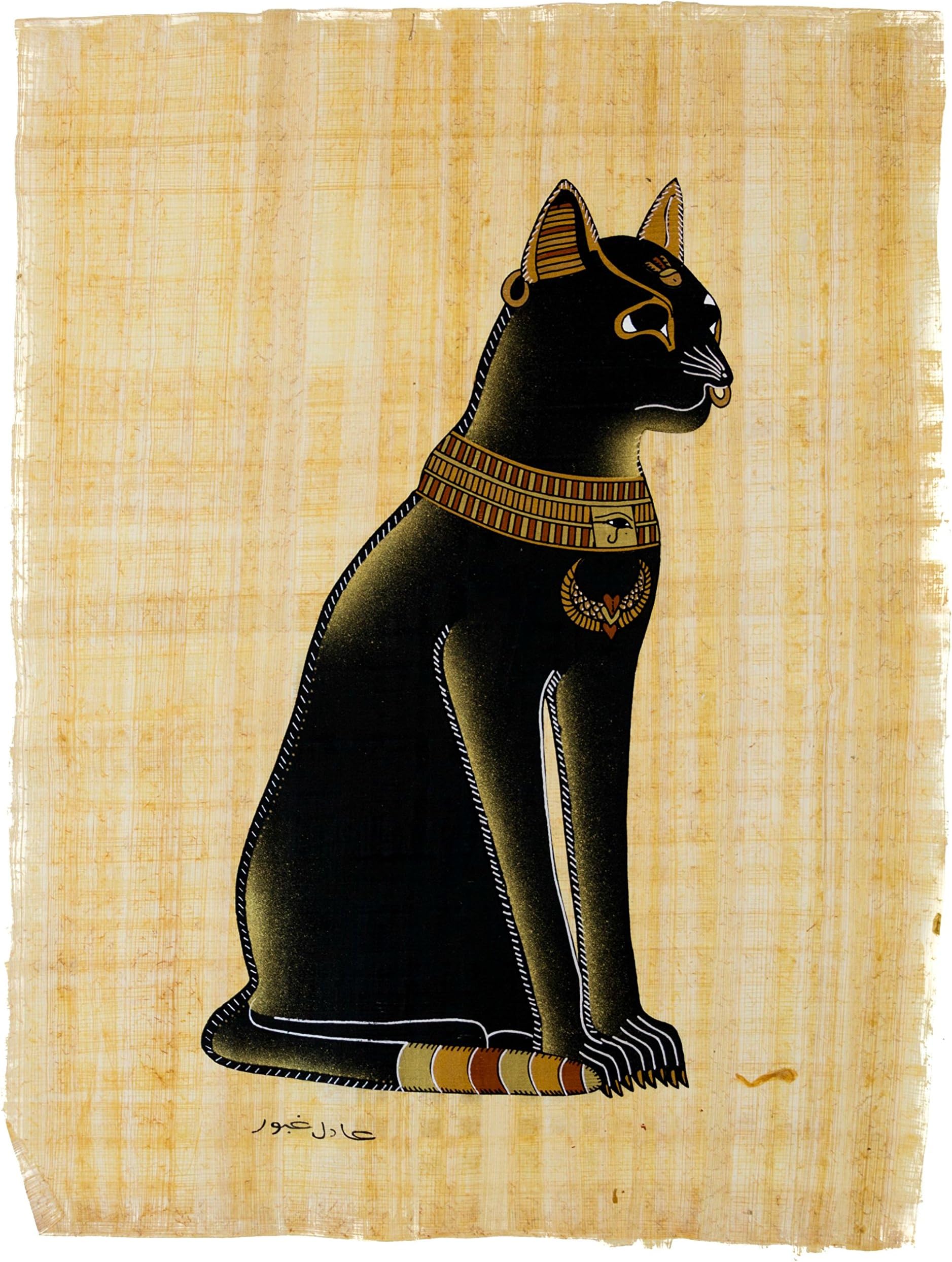 Leolana Egyptian Papyrus Bastet Goddess of Joy, Protector of Women Hand Painted Painting on 100% Authentic Egyptian Papyrus Paper-13x17-Black & Gold