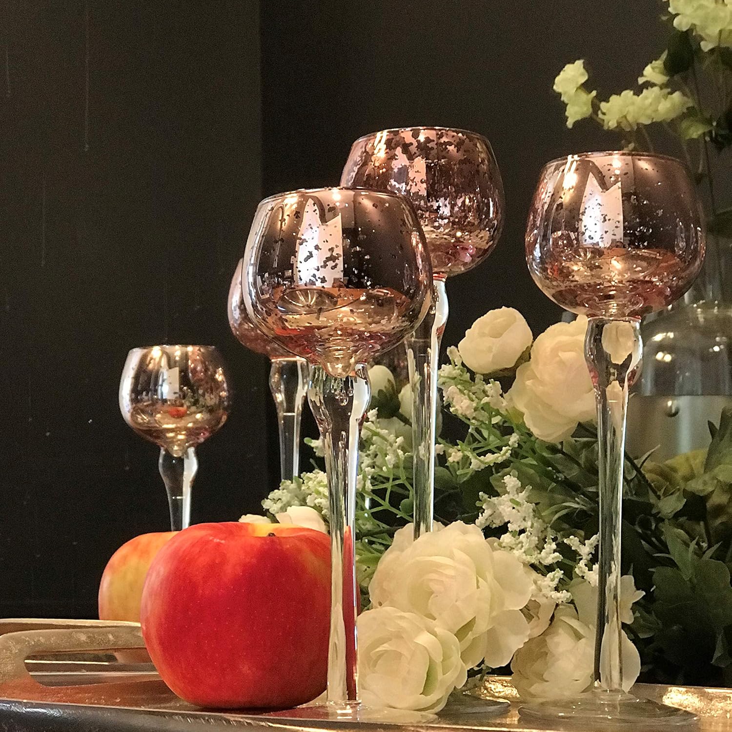 WHW Whole House Worlds Baby Peach Long Stem Candle Holders, Set of 3, Silver Lined Cups, Clear Riser, Hand Lacquered Glass, 8 3/4, 7 3/4, and 7 Inches Tall : Home & Kitchen