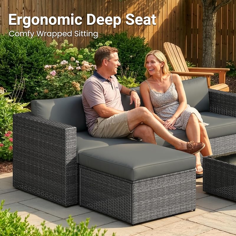Patio Sectional Furniture Set, Outdoor Sectional Furniture for All-Weather | 5 Pieces Wicker Outdoor Patio Sofa with Glass Coffee Table and Cushion for Porch, Balcony, Deck, Dark Gray image 4