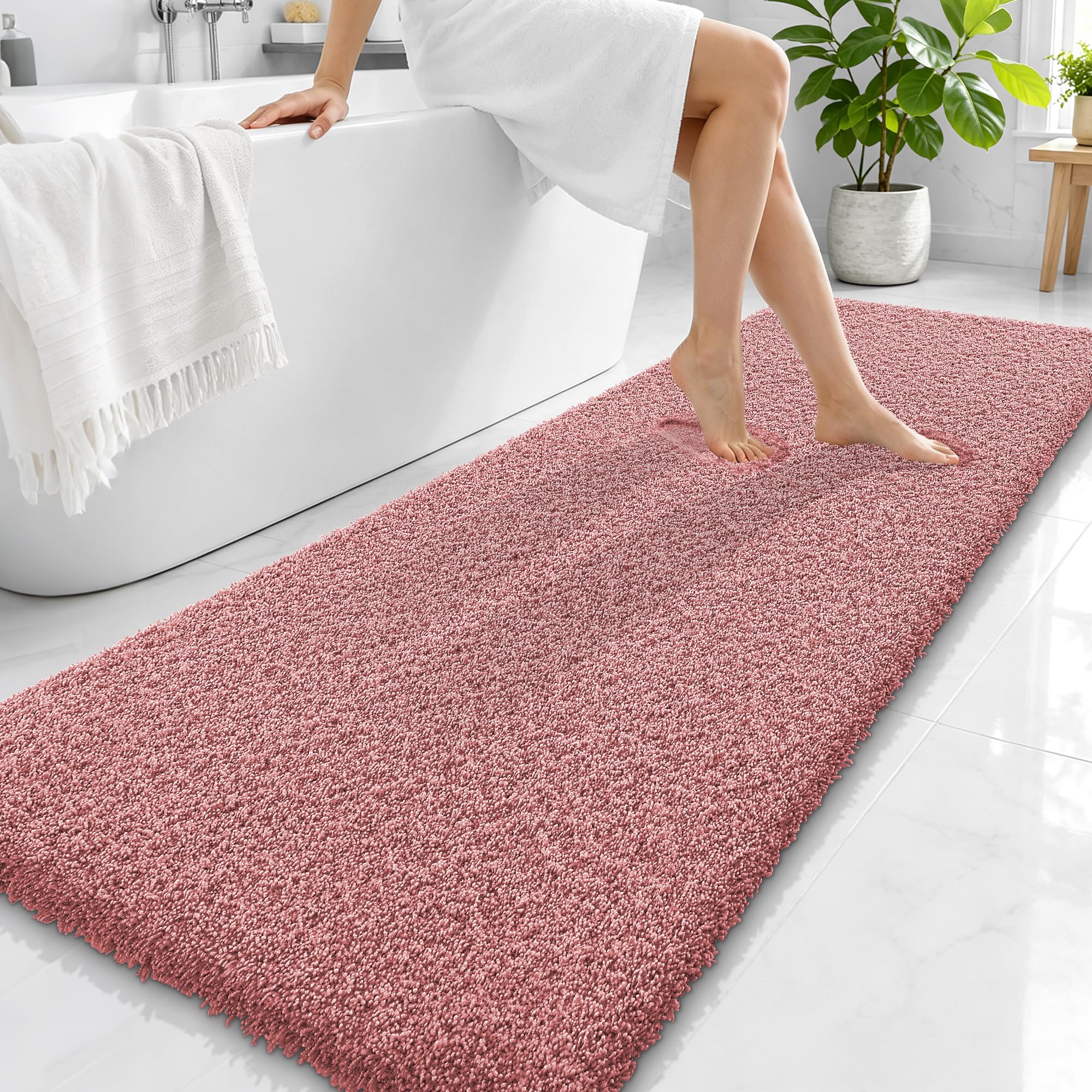 OLANLY Microfiber Bathroom Runner Rugs 70x24, Soft Bath Mat, Deep Rose