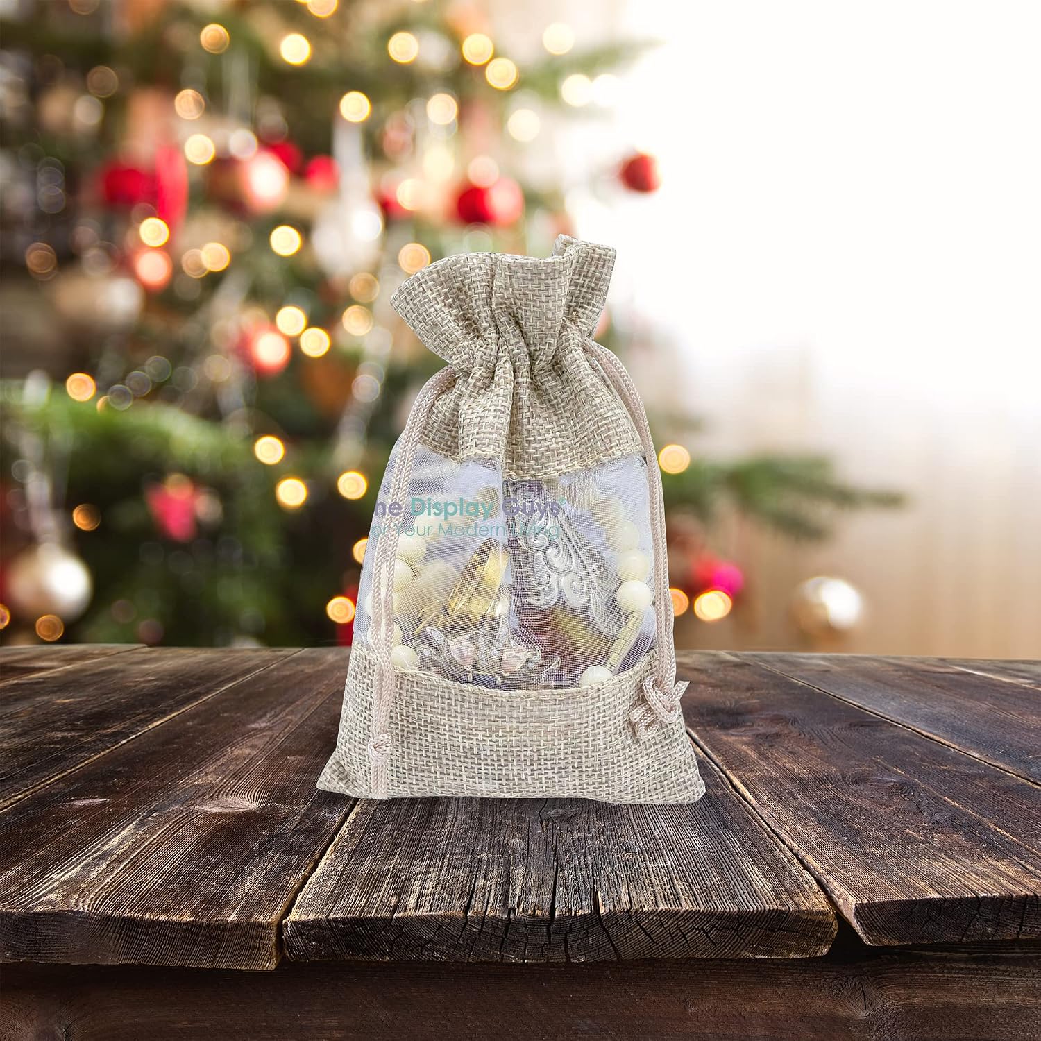 48-Pack X-Large Linen Burlap & Organza Gift Bags w. Drawstrings (7.5x11.5 inch, Beige) - Party Favors, Presents, Samples & Treats Mesh Pouch by The Display Guys