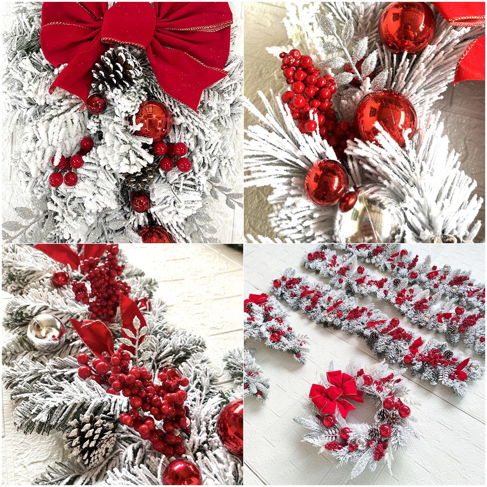 Künstlicher hängender Weihnachtskranz, Weihnachtskugel Girlande für die Haustür mit Schleifenkranz Rattan Set für Zuhause Treppen Innen und Außendekoration(45cm Wreath)