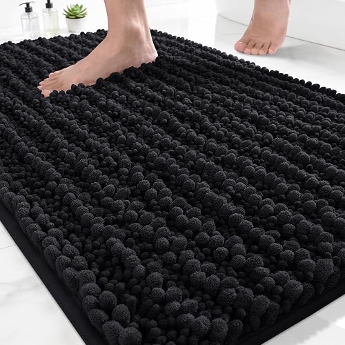 Yimobra Bathroom Rugs Non Slip Washable - Ultra Soft Absorbent Chenille Bath Mat, Quick Dry Shaggy Floor Carpet for Tub Shower, Black Home Decor Accessories, 24x17 Inch