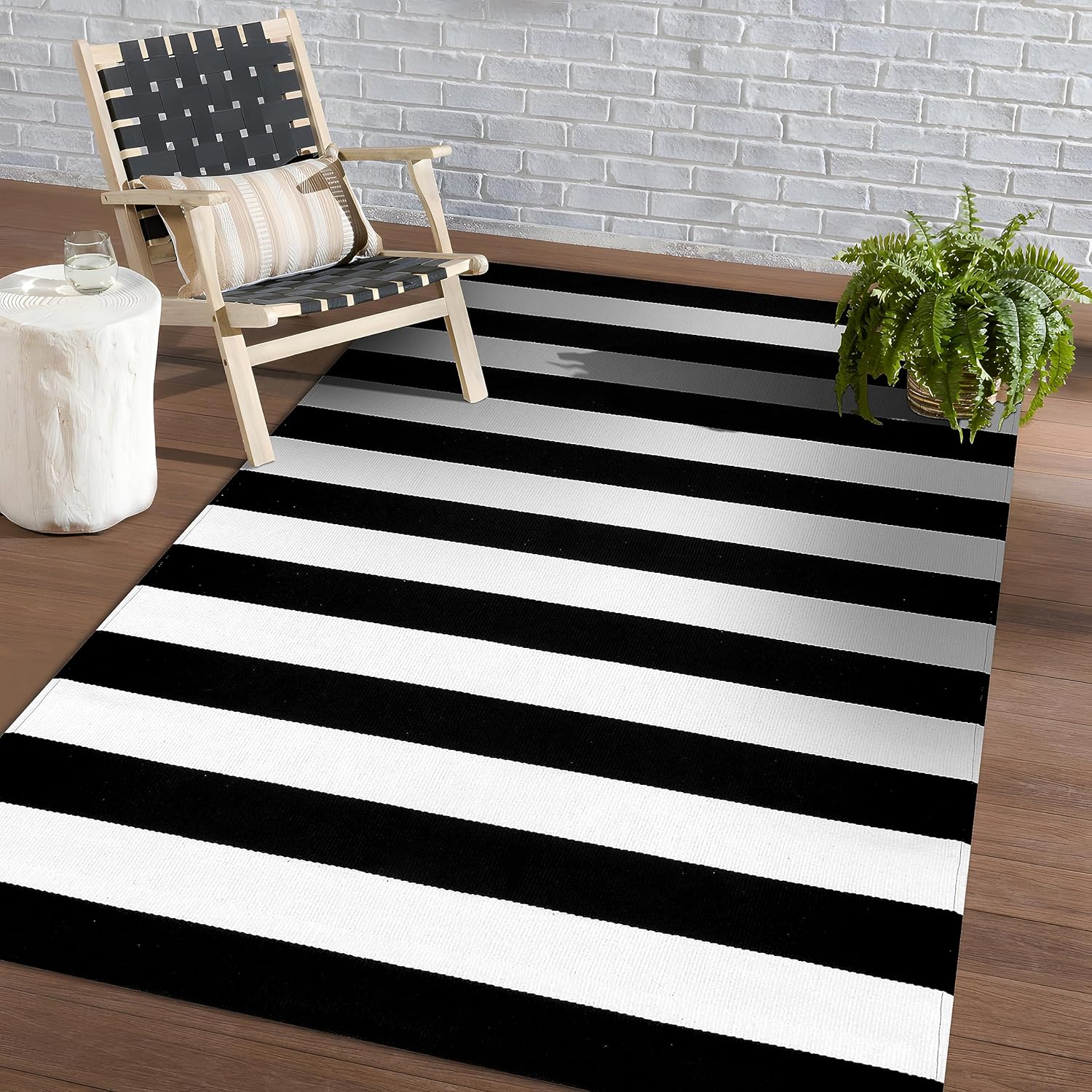 KOZYFLY Black and White Striped Area Rug 4x6 Ft Outdoor Rug Washable Indoor Outdoor Rug Hand Woven Cotton Door Mat Outdoor Entrance Mat for Front Door Kitchen Entryway Patio Front Porch Decor