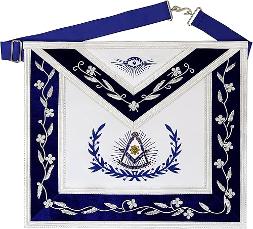 Past Master con borde bordado masónico 100% piel de cordero delantal - Azul y Blanco, Azul