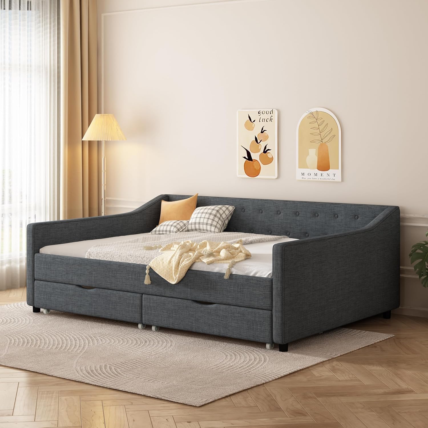Full Size Daybed with Drawers, Upholstered Tufted Sofa Bed with Button Back and Piping on Waved Arms, Modern Design for Bedroom, Living Room, Entryway, Dark Grey, 81.10W x 57.85D x 25.60H in