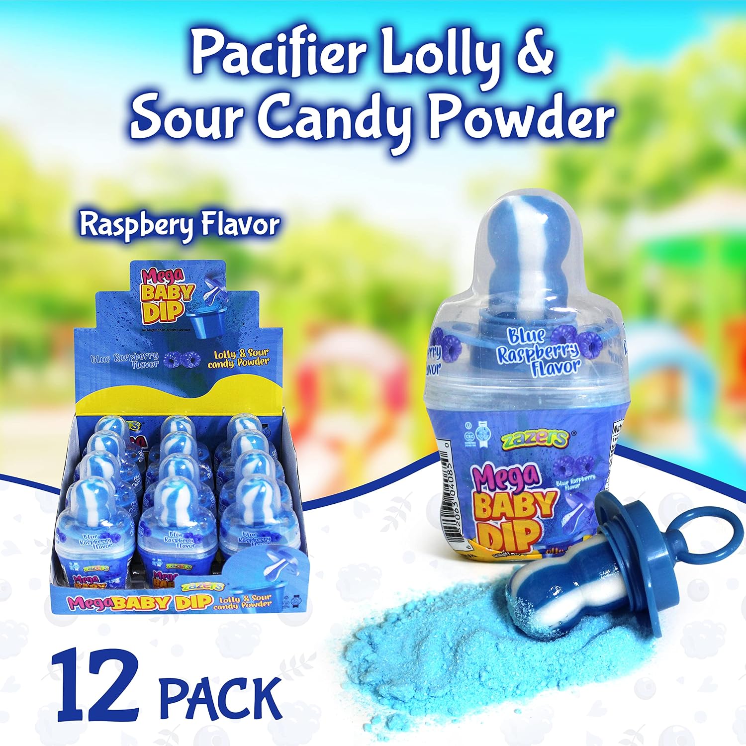 Zazers Mega Pacifier Lolly Baby Dip Candy Dippers - 12-Pack Blue Raspberry Flavor Sour Powder Candy and Pacifier Novelty Pop (Kosher, NET WT 16.8 OZ, 476g)