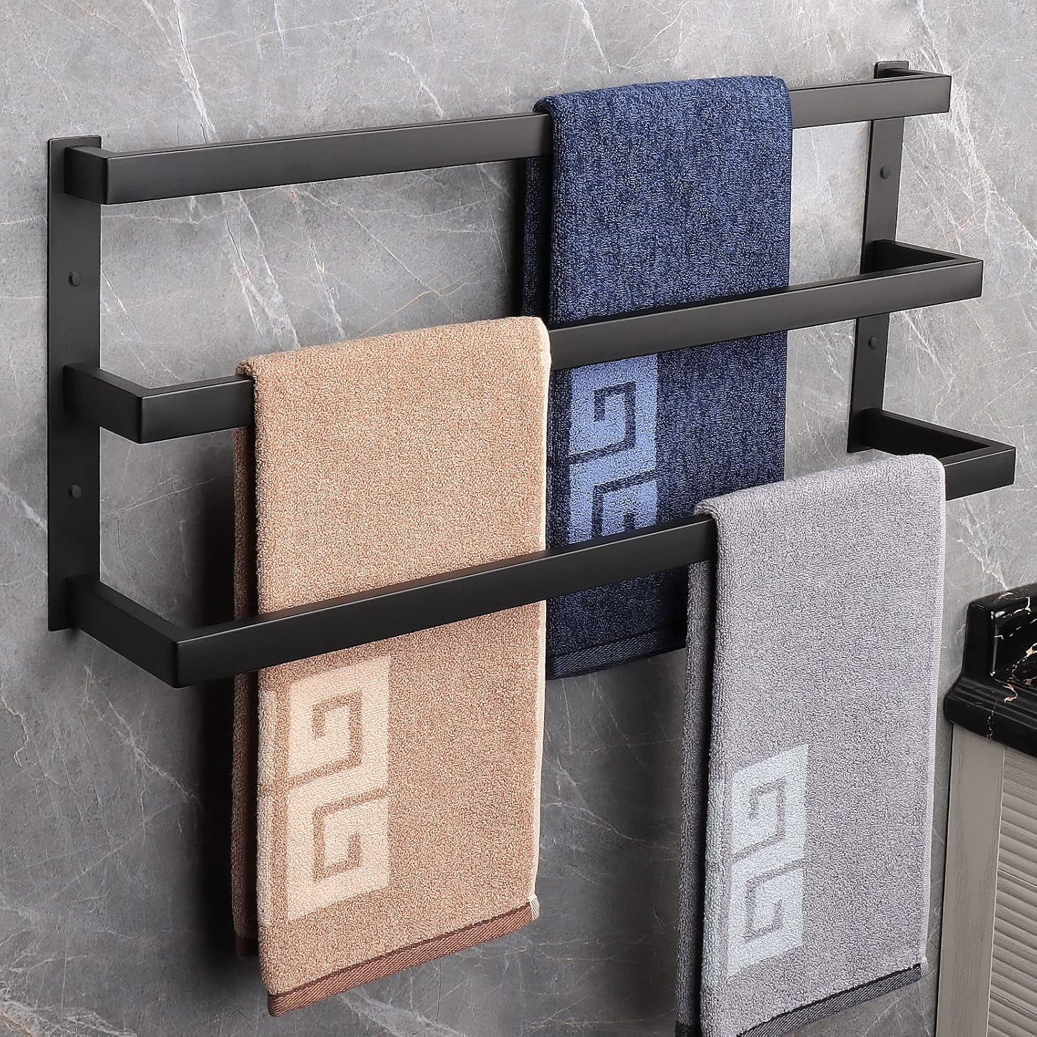 NearMoon Bathroom Towel Bar, Towel Rod Holder, Square Shelf Rack Hanging Towel for Bath, Thicken SUS304 Stainless Steel Towel Rack Wall Mounted-3-Tier Bath Accessories (24 Inch, Matte Black)