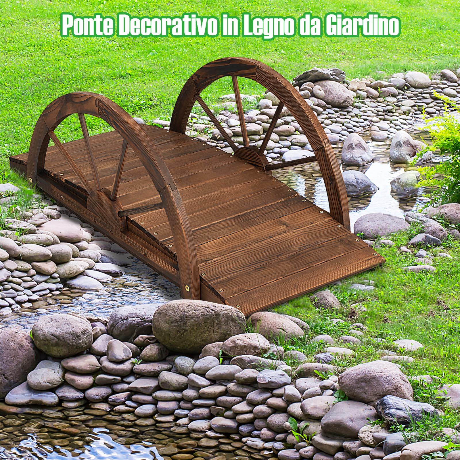 GYMAX Ponte da Giardino in Legno, con Ringhiera di Sicurezza a Forma di Ruota Finitura Tinta, da Esterno per Cortile Giardino Torrente Fattoria, 101,5 x 48,5 x 38 cm