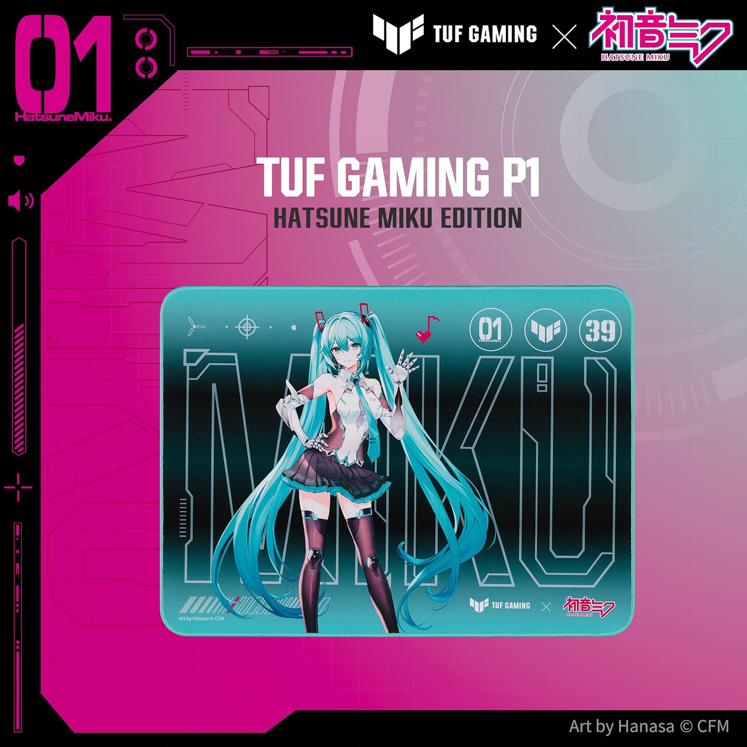 ASUS TUF Gaming P1 Portable Gaming Mouse pad Hatsune Miku Edition with Water-Resistant Surface, Durable Anti-fray Stitching, and Non-Slip Rubber Base