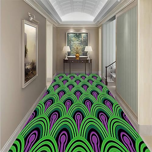 Alfombra de pasillo lavable de 4 x 10 pies, alfombra de entrada 3D verde y morado, diseño de plantas, antideslizante, con parte trasera de goma,