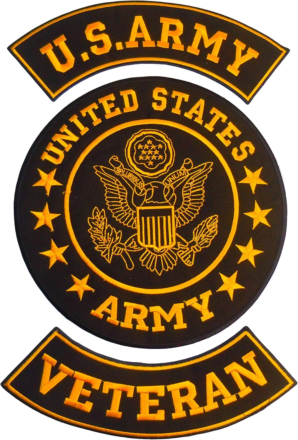 U.S Army Veteran Gold on Black Iron on 3 Large Back Patches Set for Biker Vest Jacket