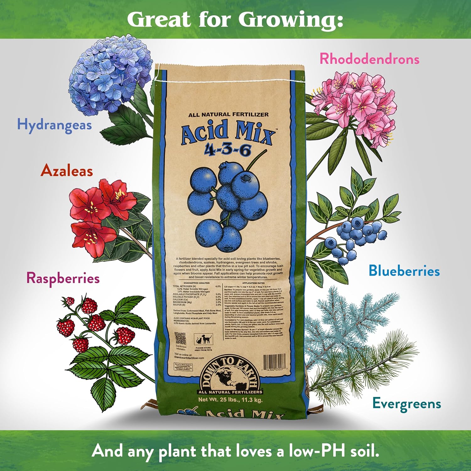 Down To Earth All Natural Fertilizers Organic Acid Mix - Plant Food for Blueberries, Raspberries, Azaleas and Rhododendrons 4-3-6, 25 lb