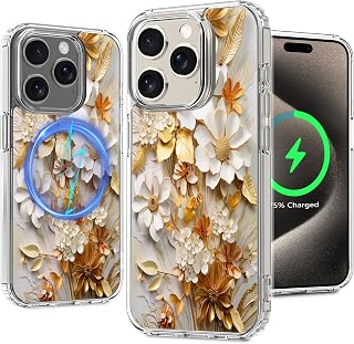 Magnetic Clear Case for iPhone 15 Pro, Floral Pattern Design for Women Girls Slim Shockproof Flower Protective Bumper Non-Yellow MagSafe Case, 6.1” (Pic 23)