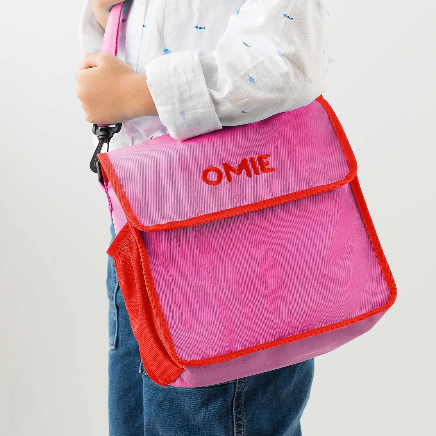 Omie OmieBox Lunch Bag - Washable, Foldable, Durable, WaterResistant Fabric with Interior Pocket and External Bottle Holder (Pink)