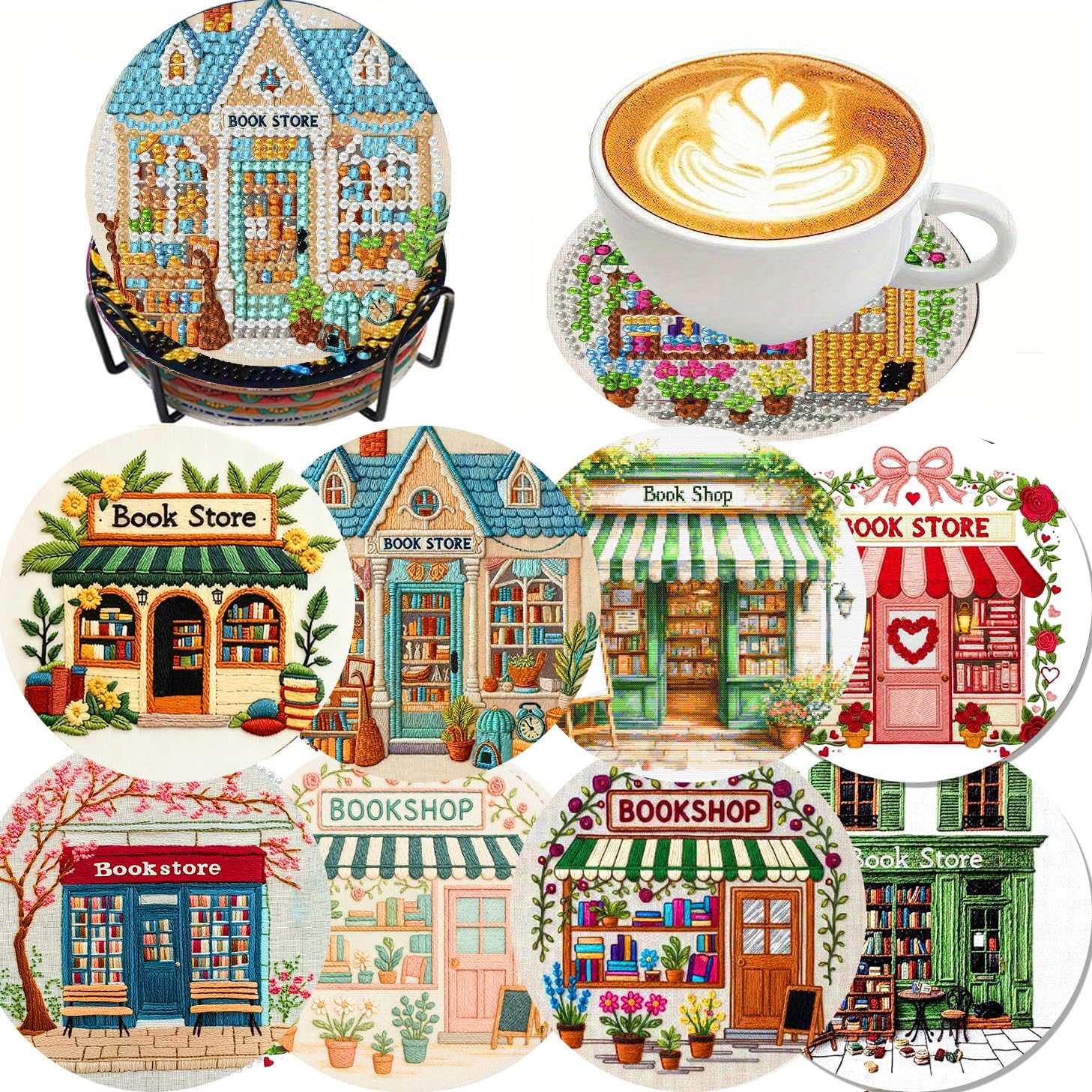8 Pcs Book Shop Diamond Art Coasters Kit - DIY 5D Small Diamond Painting Coasters with Holder, Mini Diamonds Arts Kits for Adults Coaster, Gem Art Arts and Crafts for Adults