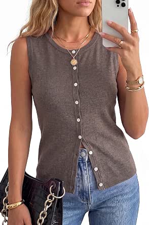 Arach&Cloz Women's Wool Blend Non See-Through Button Down Casual Tank Top