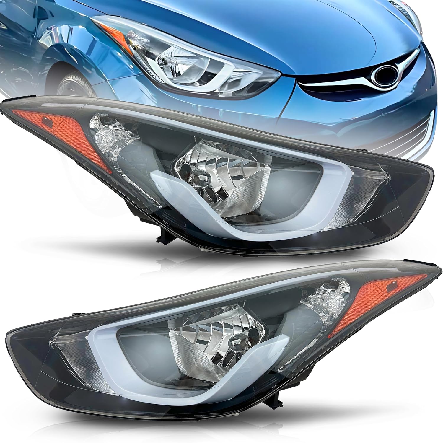 ALLIGATOR AUTO LIGHTS Headlight Assembly Set Compatible with Hyundai Elantra 2014 2015 2016, Halogen Headlamps, Bulbs Included, Driver & Passenger Sides