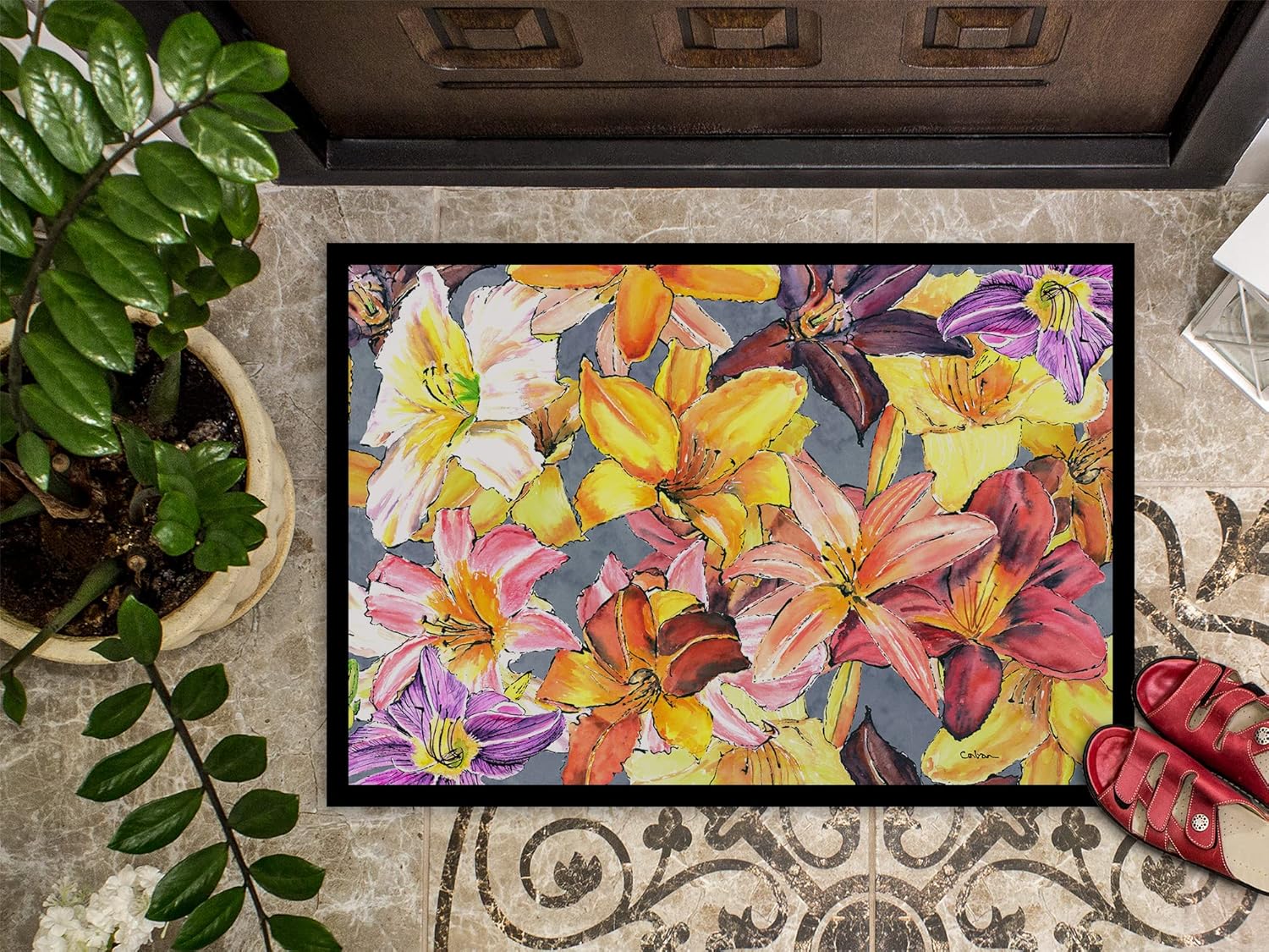 Caroline's Treasures 8892JMAT Day Lillies Doormat 24x36 Front Door Mat Indoor Outdoor Rugs for Entryway, Non Slip Washable Low Pile, 24H X 36W