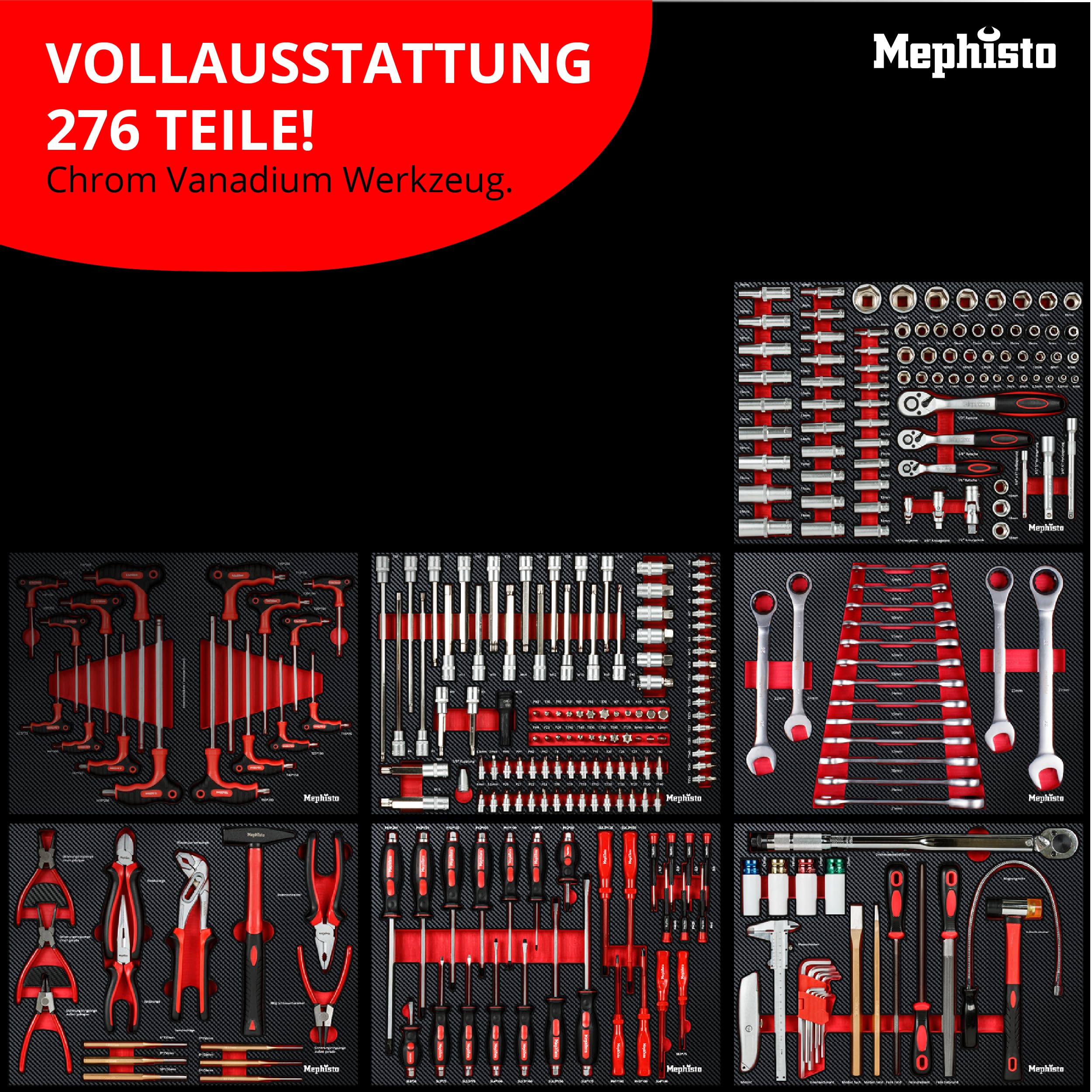 Mephisto Carrello portautensili XXL Carrello da officina con 8 cassetti di cui 7 pieni di utensili come chiavi, cricchetto con scatola di dadi, cacciaviti ecc. con intarsi morbidi in carbon look