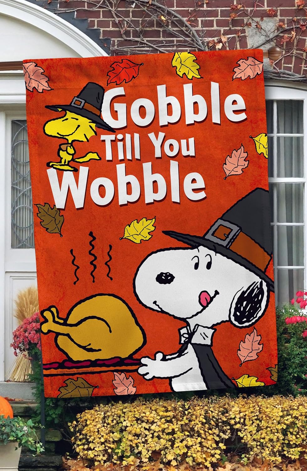 Flagology.com, PEANUTS®, PEANUTS® Snoopy Gobble till You Wobble – House Flag 28" x 40", Outdoor Flag, Exclusive Premium Fabric, Officially Licensed PEANUTS®, Thanksgiving