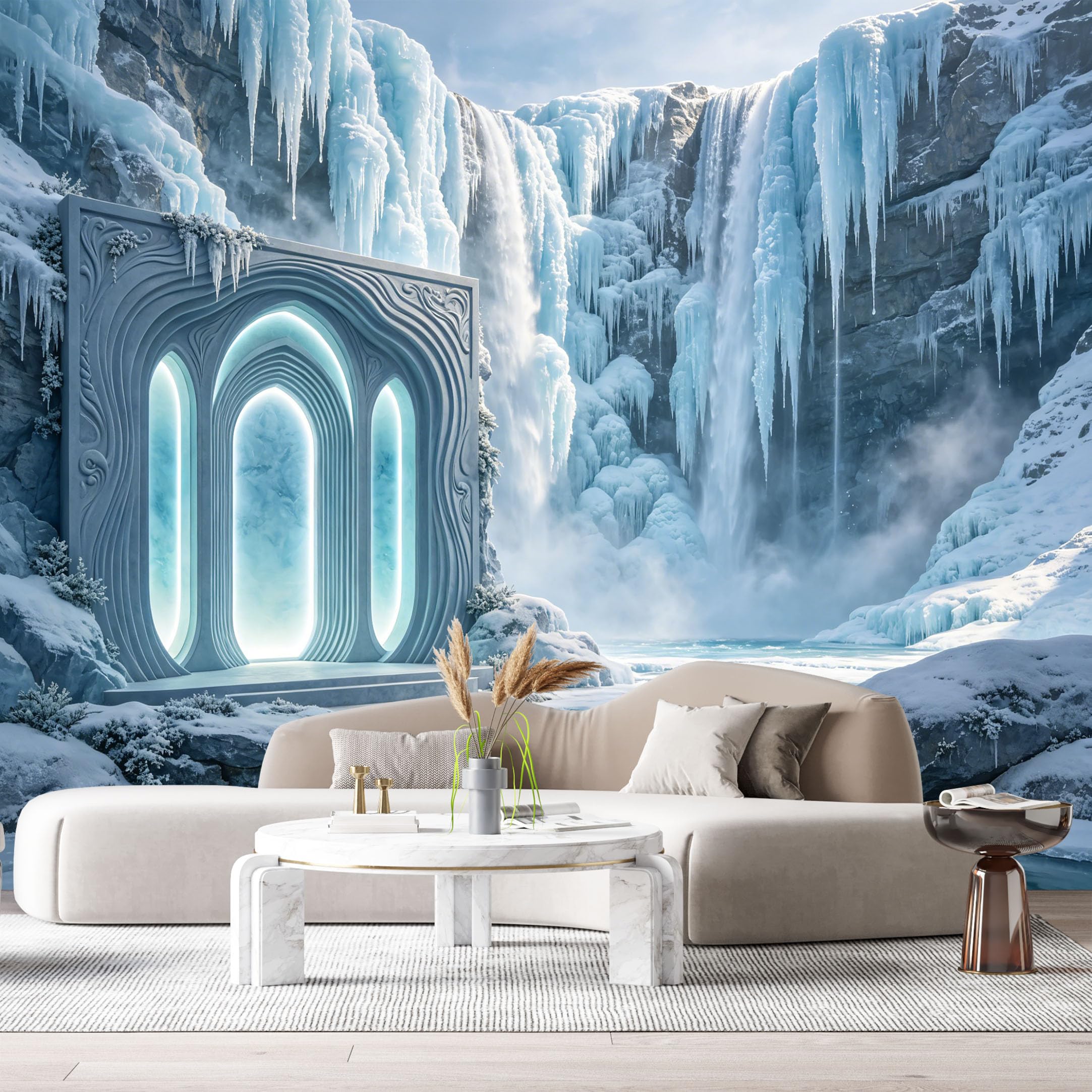 Custom Size Wall Murals Winter Waterfall Ice Icicles 3D Trompe L'Oeil SelfAdhesiveWall Fabric Removable Wallpaper Wall Decor for Living Room Bedroom Bathroom