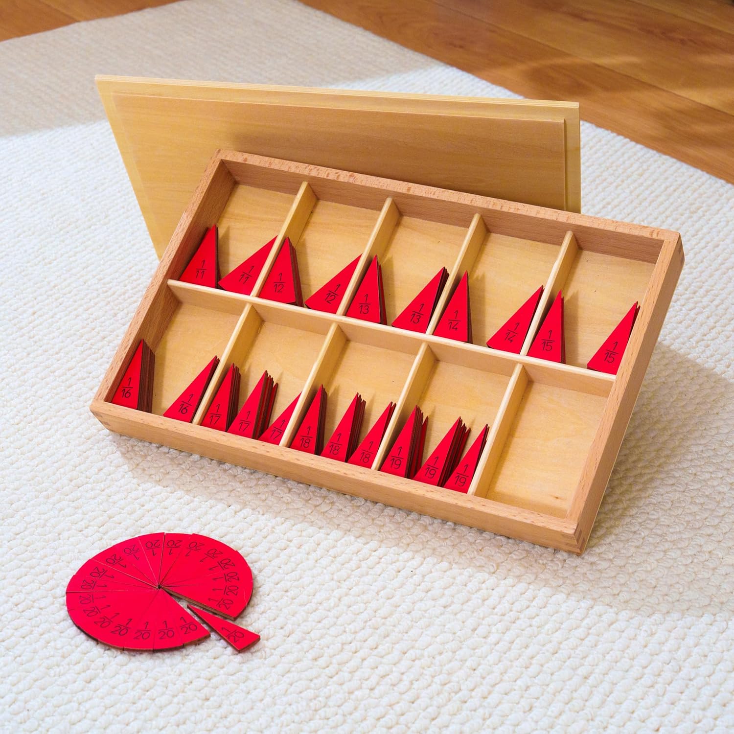 Premium Montessori Cut-Out Fraction Circles – 11 to 20 Equal Parts, Solid Beechwood Advanced Fraction Insets, Wooden Math Manipulative for Fraction Concepts, Homeschool Classroom Kids Ages 6-12