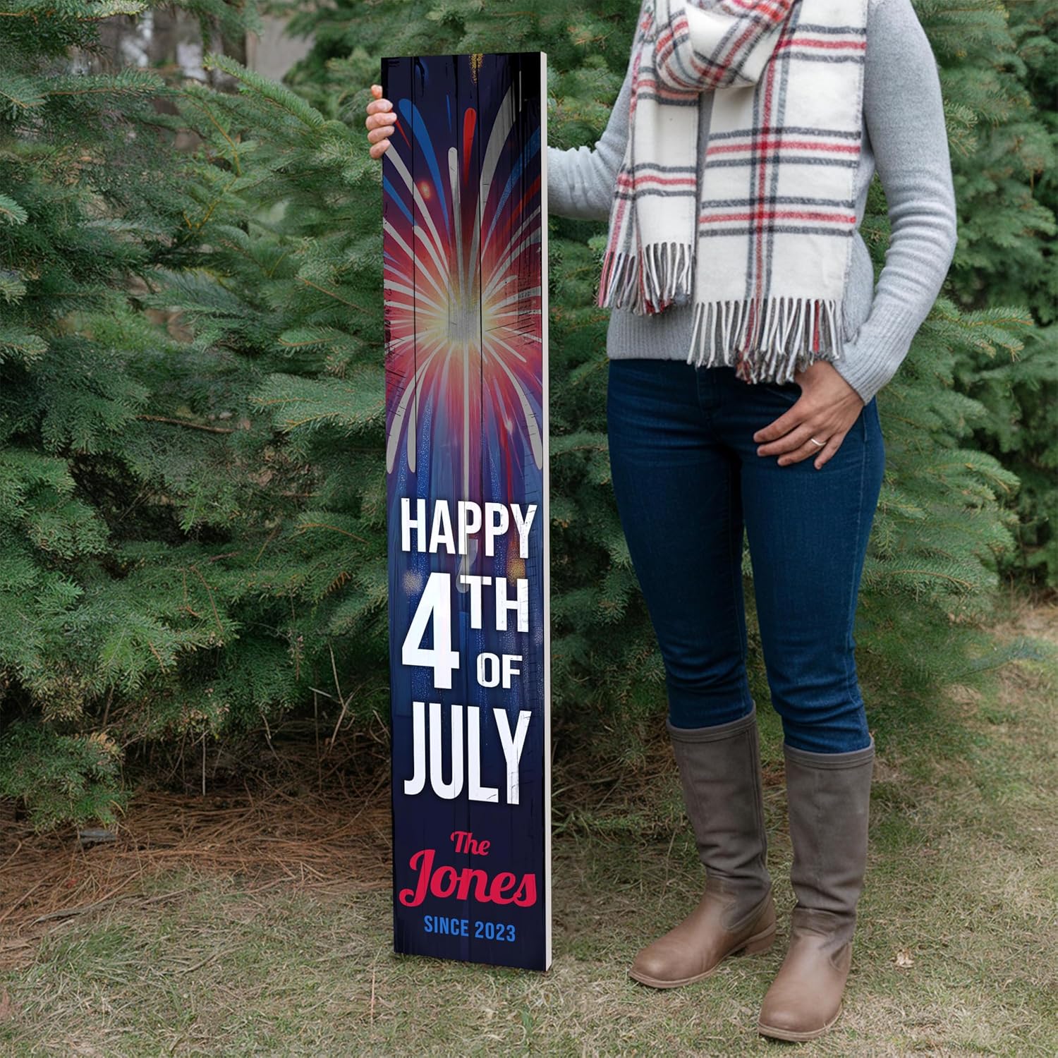 Personalized 4th of July Welcome Sign for Front Porch, Custom Patriotic Porch Sign with Family Name and Date, Rustic Welcome Home Decorations for Outdoors, 48x8" PVC Sign, Design 3
